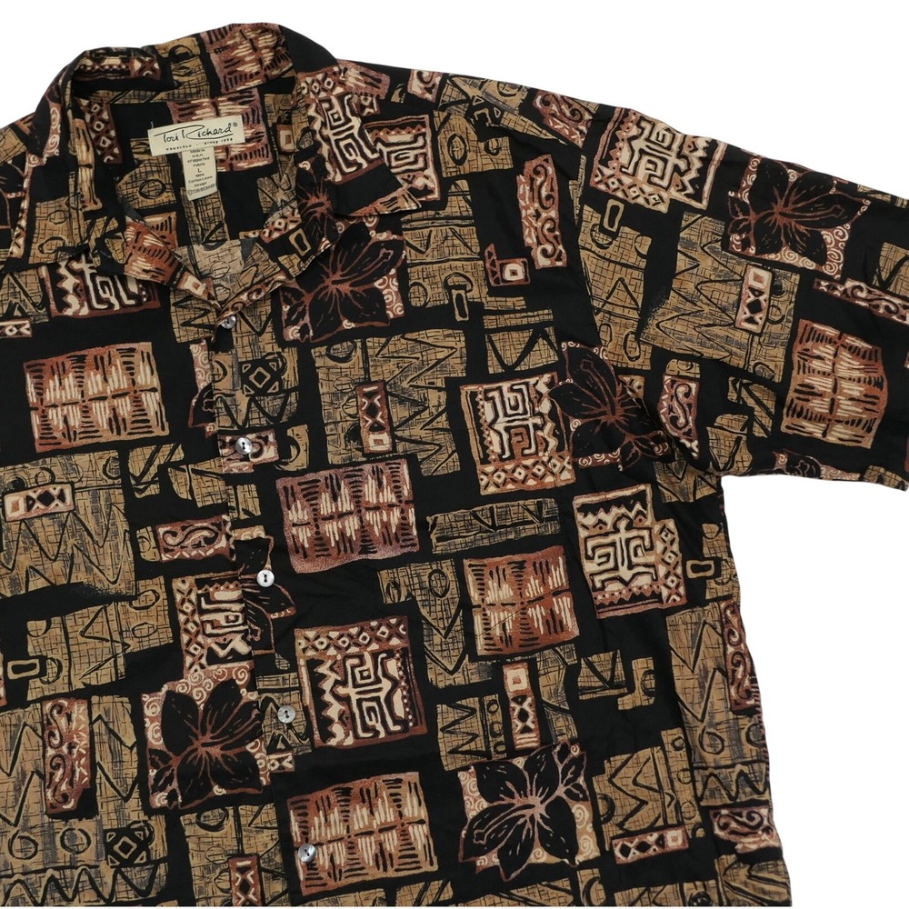 Tori Richard Mens L Cotton‎ Lawn Hawaiian Shirt Tribal Geometric Made in Hawaii